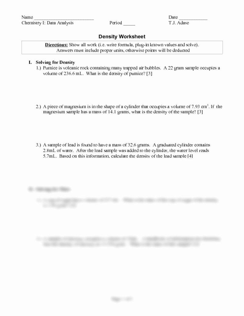 Density Calculations Worksheet Answers Luxury Density Problems Chemistry Worksheets