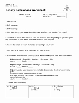 Density Calculations Worksheet Answers Unique Density Calculations Worksheet I