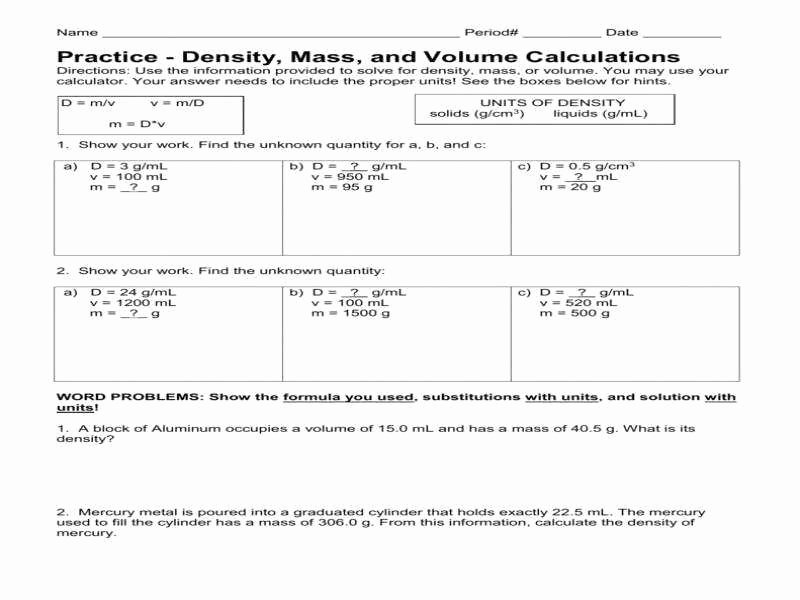 42 Density Calculations Worksheet Answers