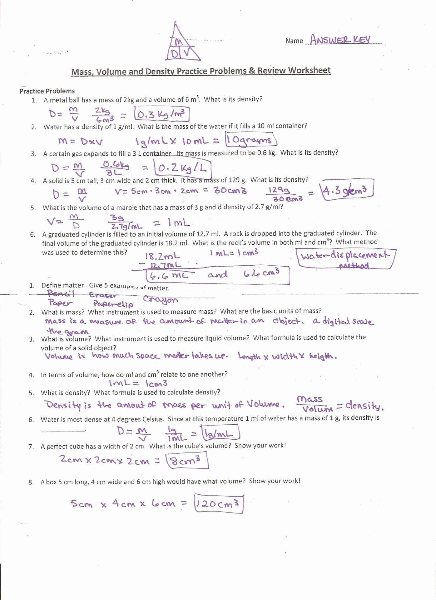 Density Practice Problem Worksheet Answers New Mass Volume Density Worksheet 5th Grade the Best