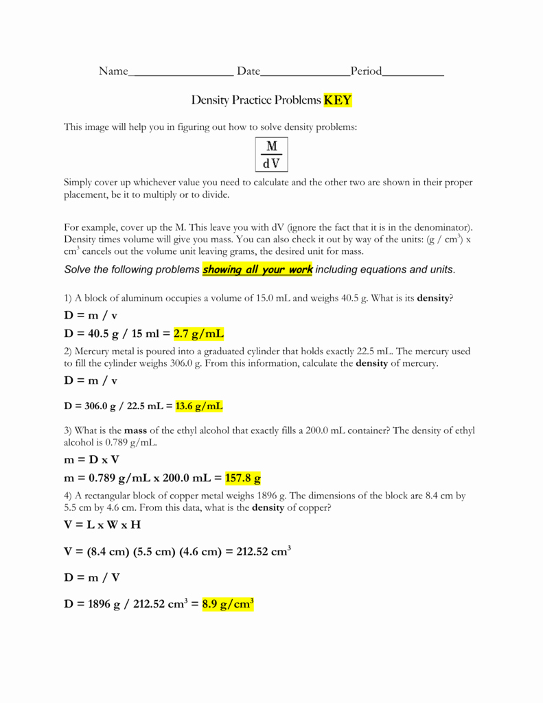 Density Practice Problem Worksheet Answers Unique 2 5 Density Practice Problems Answers