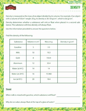 Density Practice Problem Worksheet Beautiful Density – Physical Science Worksheet for Grade 6 – School