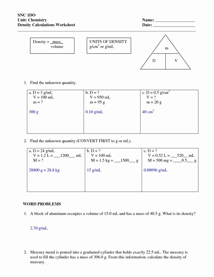 Density Practice Problem Worksheet Beautiful Density Worksheets with Answers