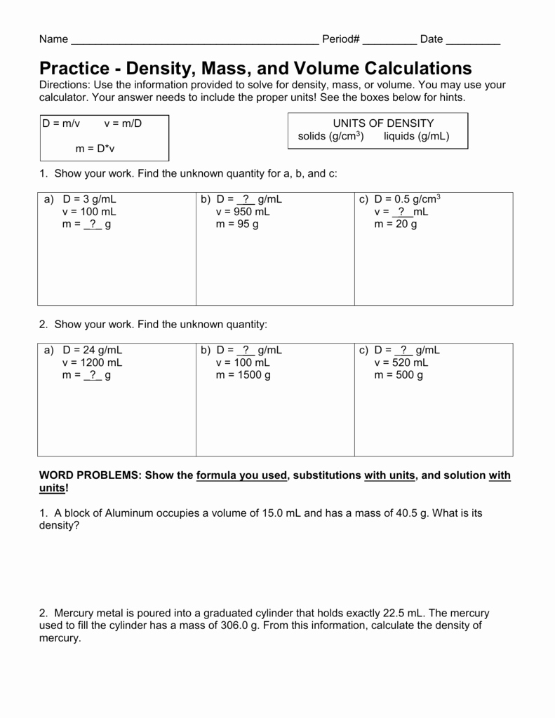 Density Practice Problem Worksheet Unique Density Calculations Worksheet I