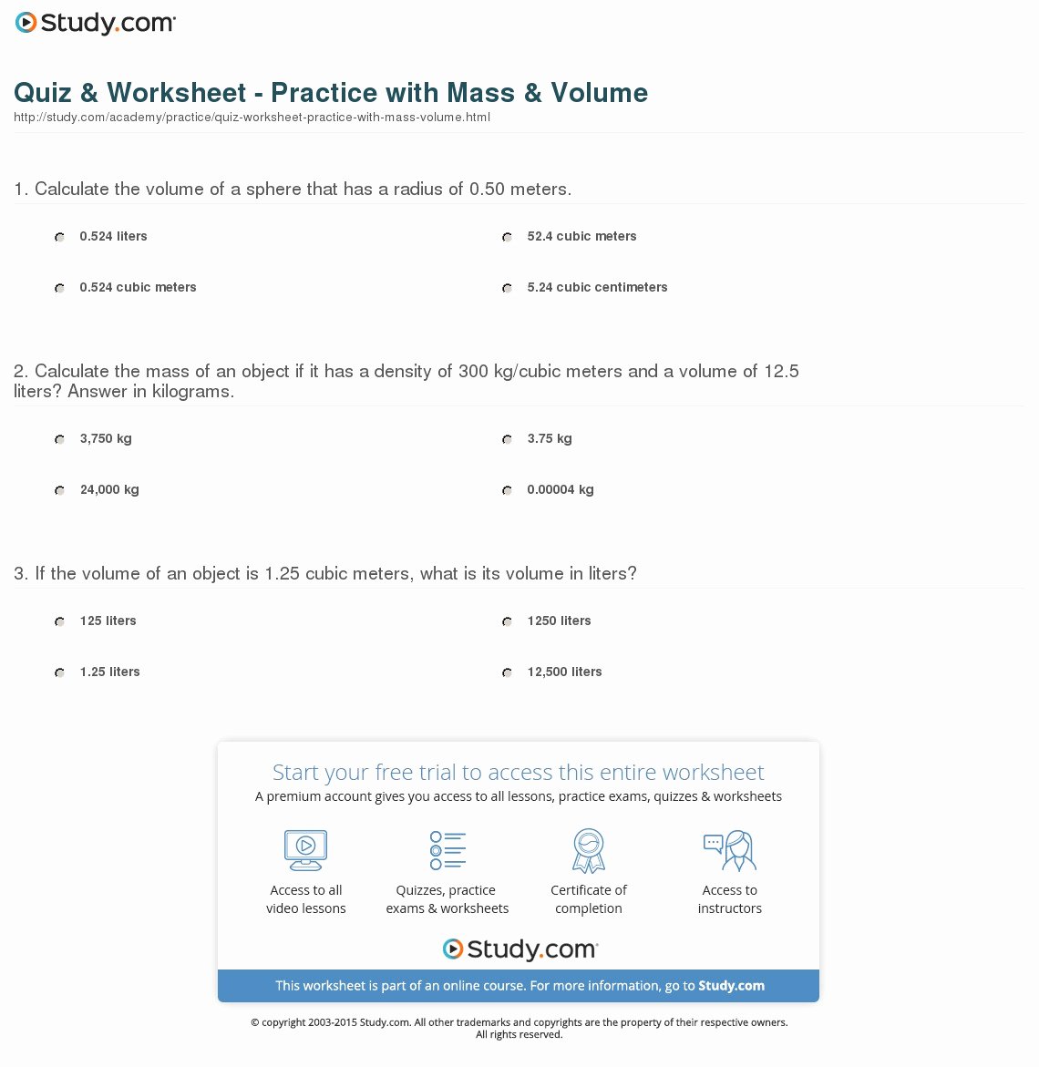 Density Practice Problems Worksheet Luxury Quiz &amp; Worksheet Practice with Mass &amp; Volume