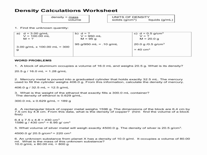 Density Problems Worksheet with Answers Best Of Density Calculations Worksheet Answers Free Printable