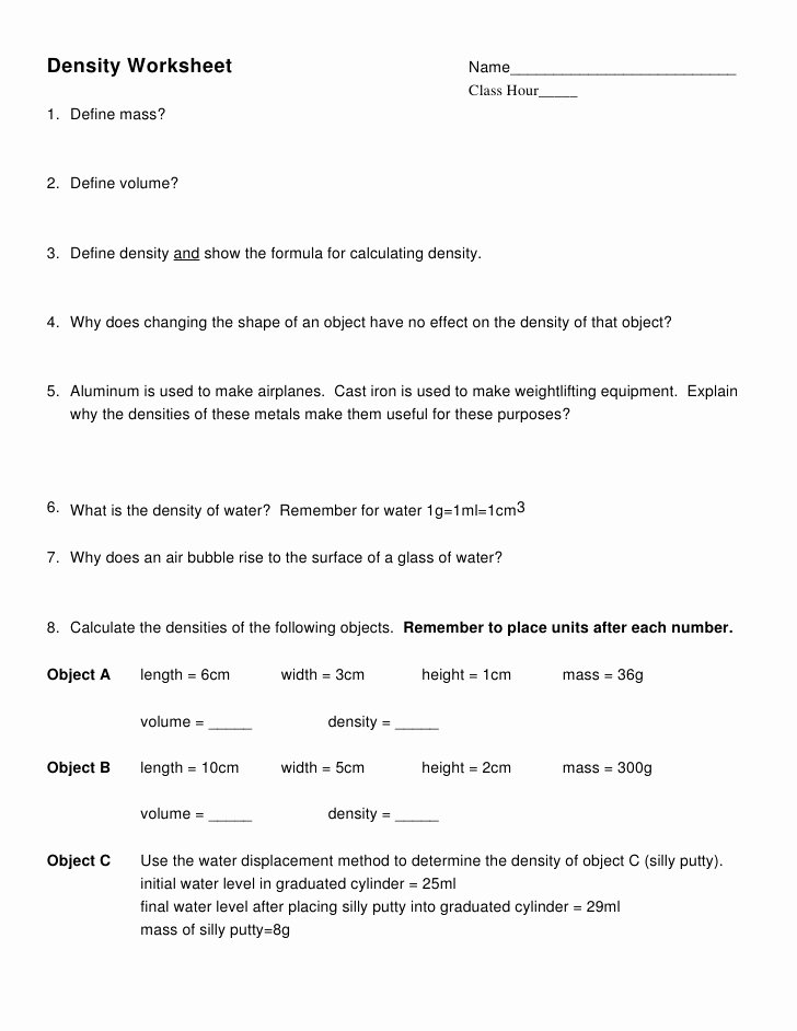Density Problems Worksheet with Answers Elegant Density Worksheet 2