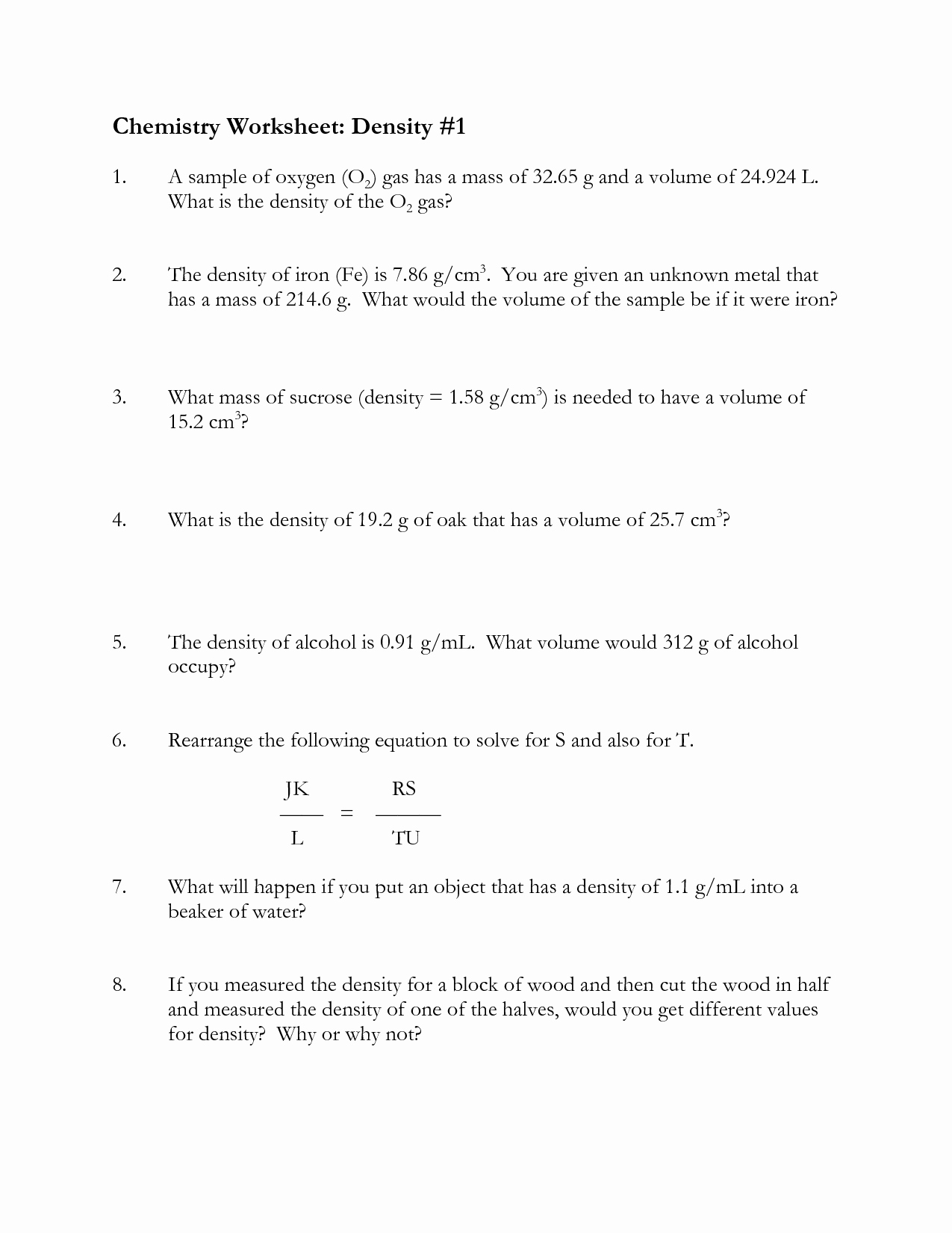Density Problems Worksheet with Answers New 10 Best Of Density Practice Worksheet Middle School