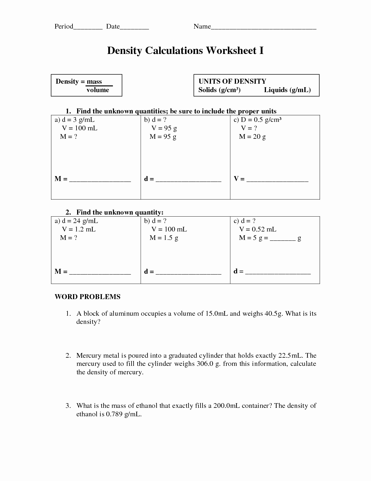 Density Problems Worksheet with Answers Unique Density Worksheet 1 Answers