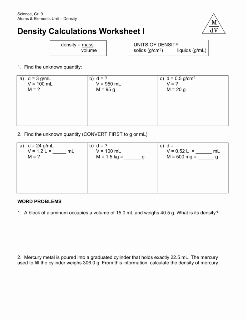 Density Worksheet Answer Key Beautiful Density Calculations Worksheet I