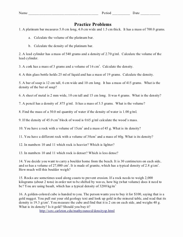 Density Worksheet Answer Key Best Of Density Worksheet with Answers Calculate Density