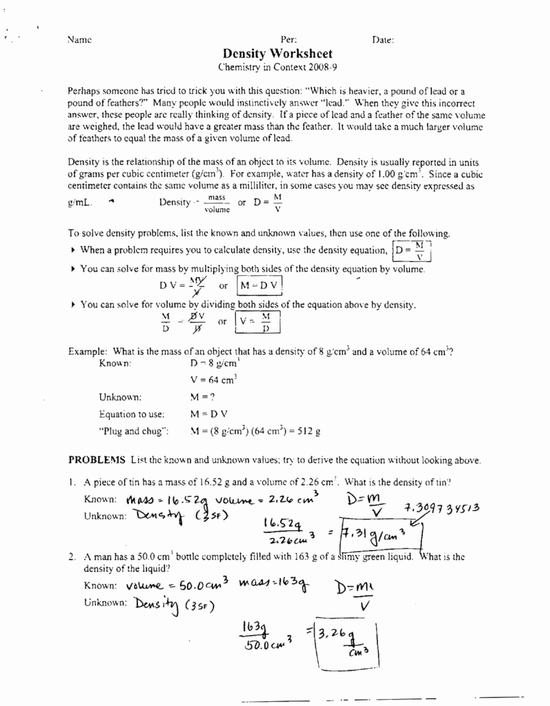 Density Worksheet Answer Key Elegant Density Worksheet Chemistry In Context 2008 9 Answer Key