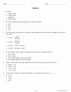 Density Worksheet Answer Key Lovely Density Grade 8 Free Printable Tests and Worksheets