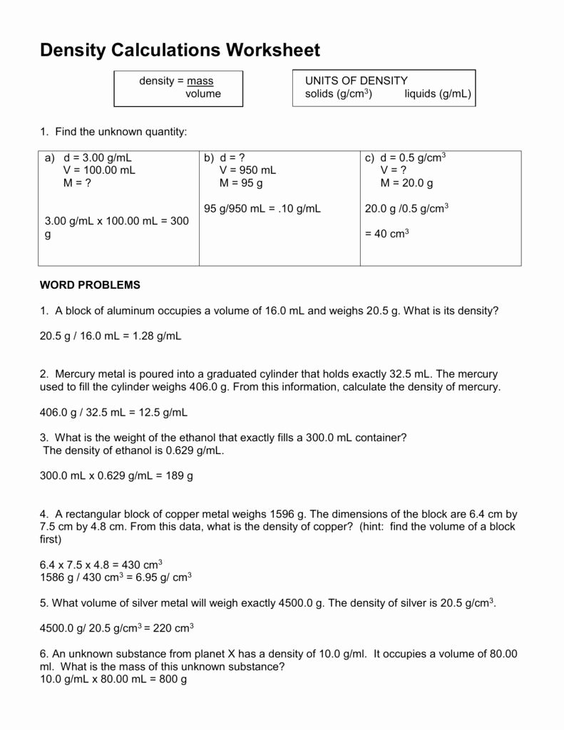 Density Worksheet Chemistry Answers Awesome Density Calculations Worksheet Answer Key