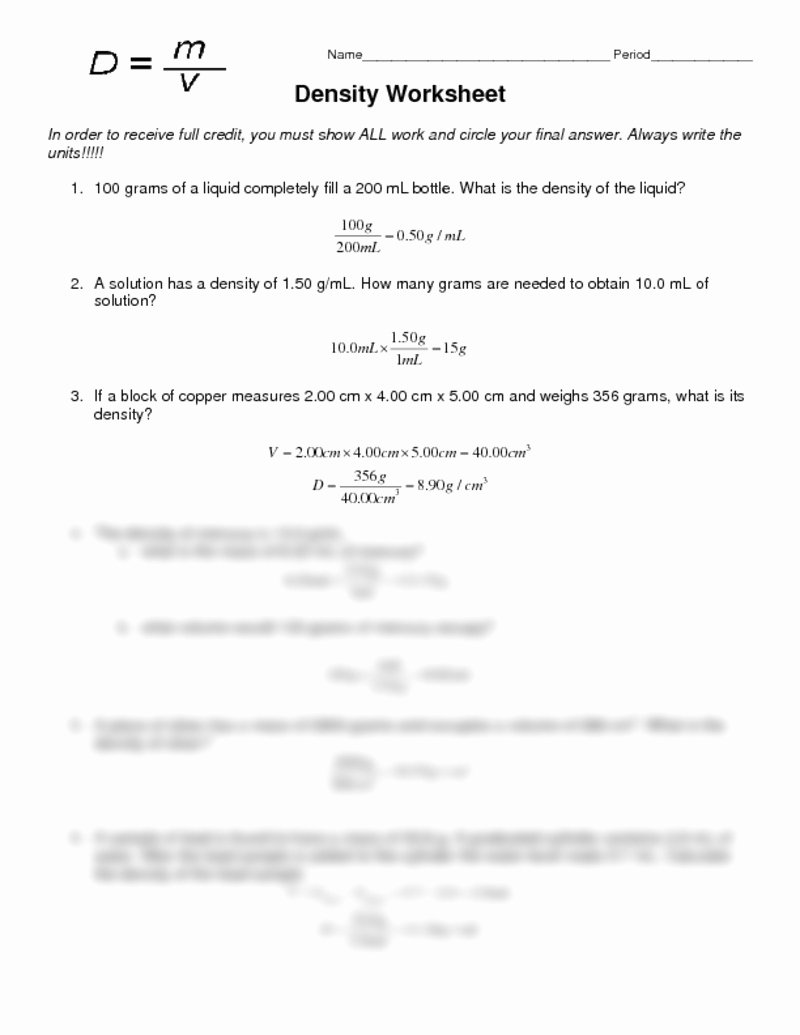 Density Worksheet Answer Key Chemistry