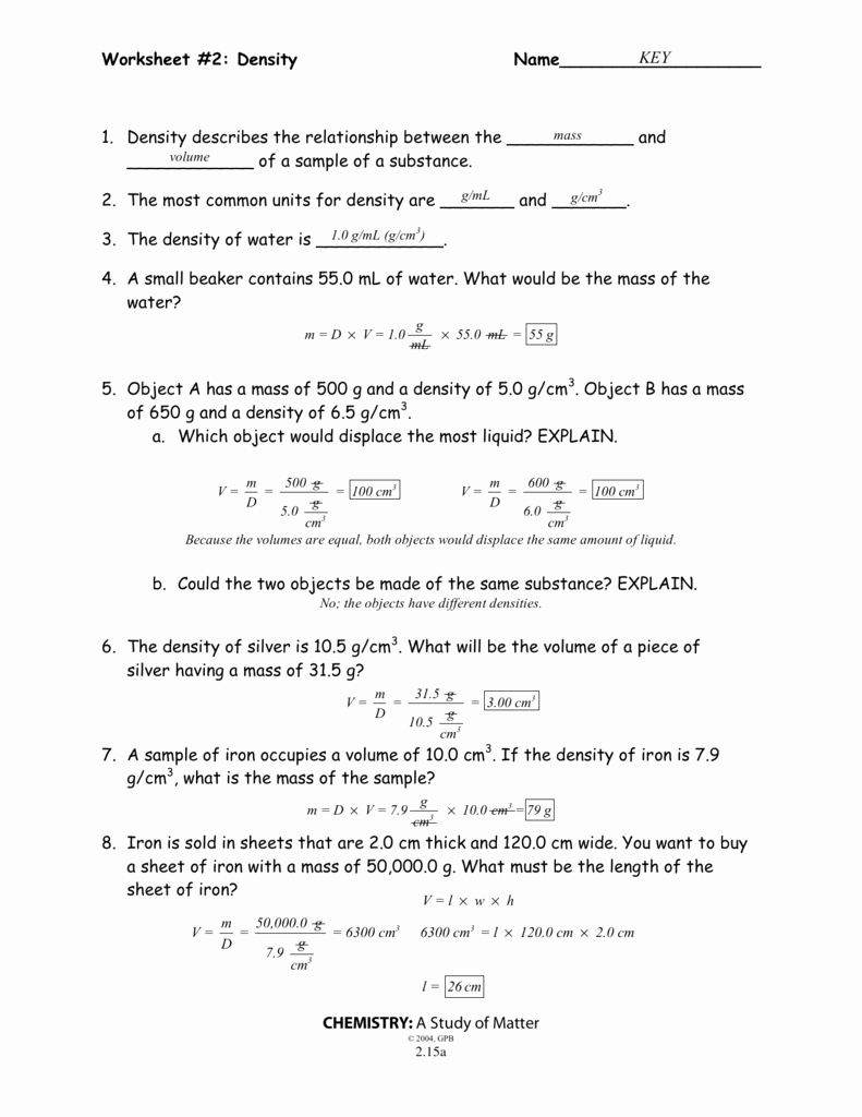Density Worksheet Chemistry Answers Elegant Worksheet 2 Density Name Chemistry