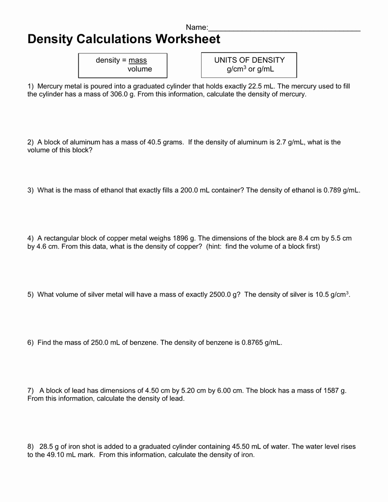 Density Worksheet Chemistry Answers Unique Density Equation with Ws