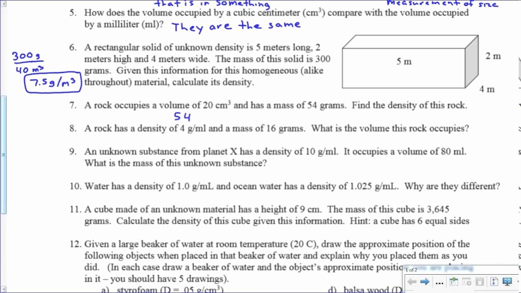 Density Worksheet Middle School