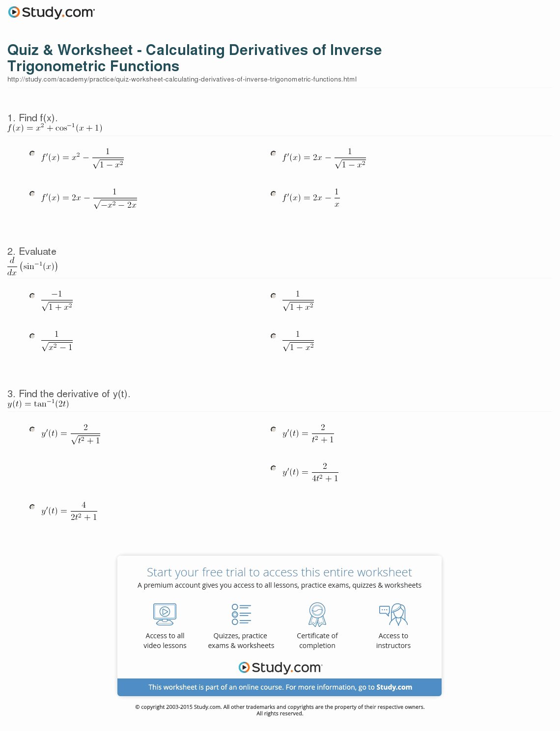 Derivative Of Trigonometric Functions Worksheet Elegant Quiz &amp; Worksheet Calculating Derivatives Of Inverse