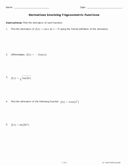 Derivative Of Trigonometric Functions Worksheet Fresh Derivatives Involving Trigonometric Functions Grades 11