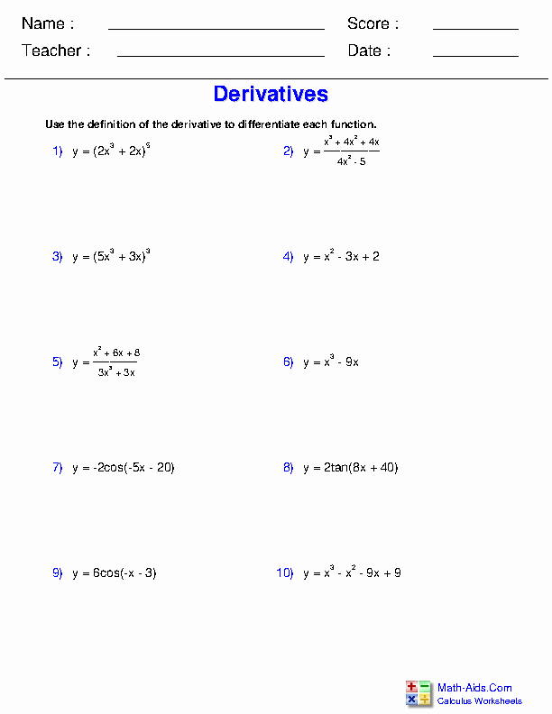 Derivative Of Trigonometric Functions Worksheet Inspirational Calculus Worksheets