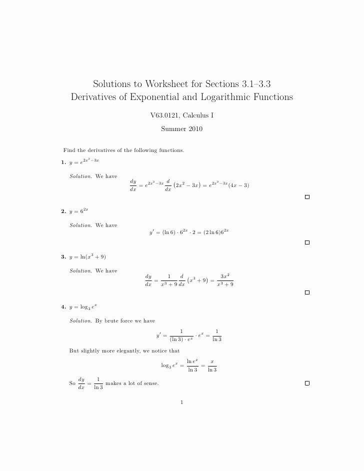 Derivative Of Trigonometric Functions Worksheet Lovely Lesson 8 Derivatives Of Logarithmic and Exponential