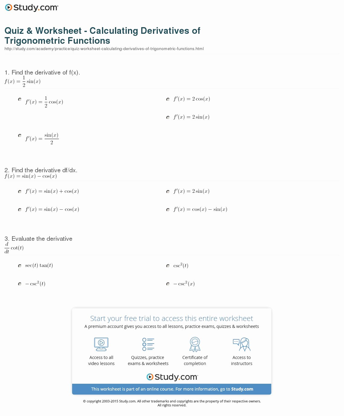 Derivative Of Trigonometric Functions Worksheet