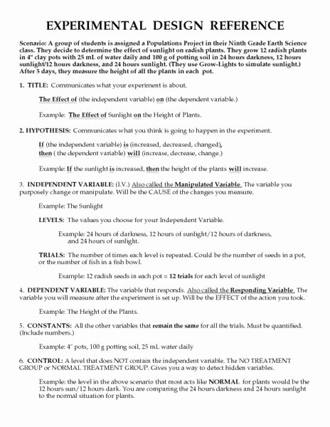 Designing An Experiment Worksheet Luxury Experimental Design Reference Worksheet for 9th 12th