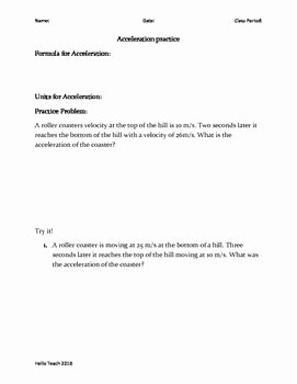 Determining Speed Velocity Worksheet Answers Unique Speed Velocity and Acceleration Calculations Worksheet