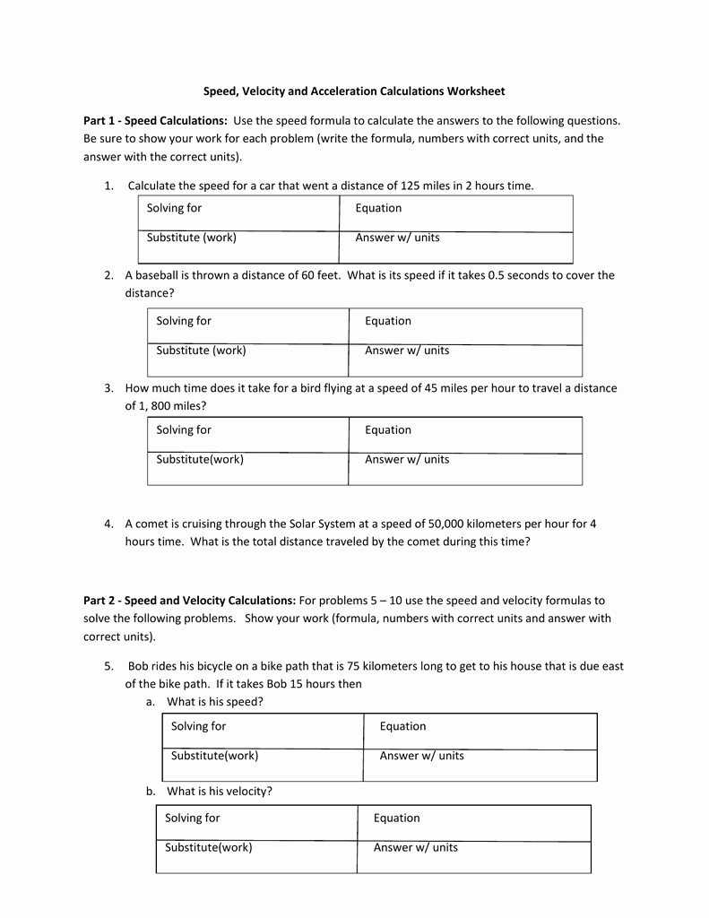 Determining Speed Velocity Worksheet Beautiful Speed Velocity and Acceleration Calculations Worksheet Part 1
