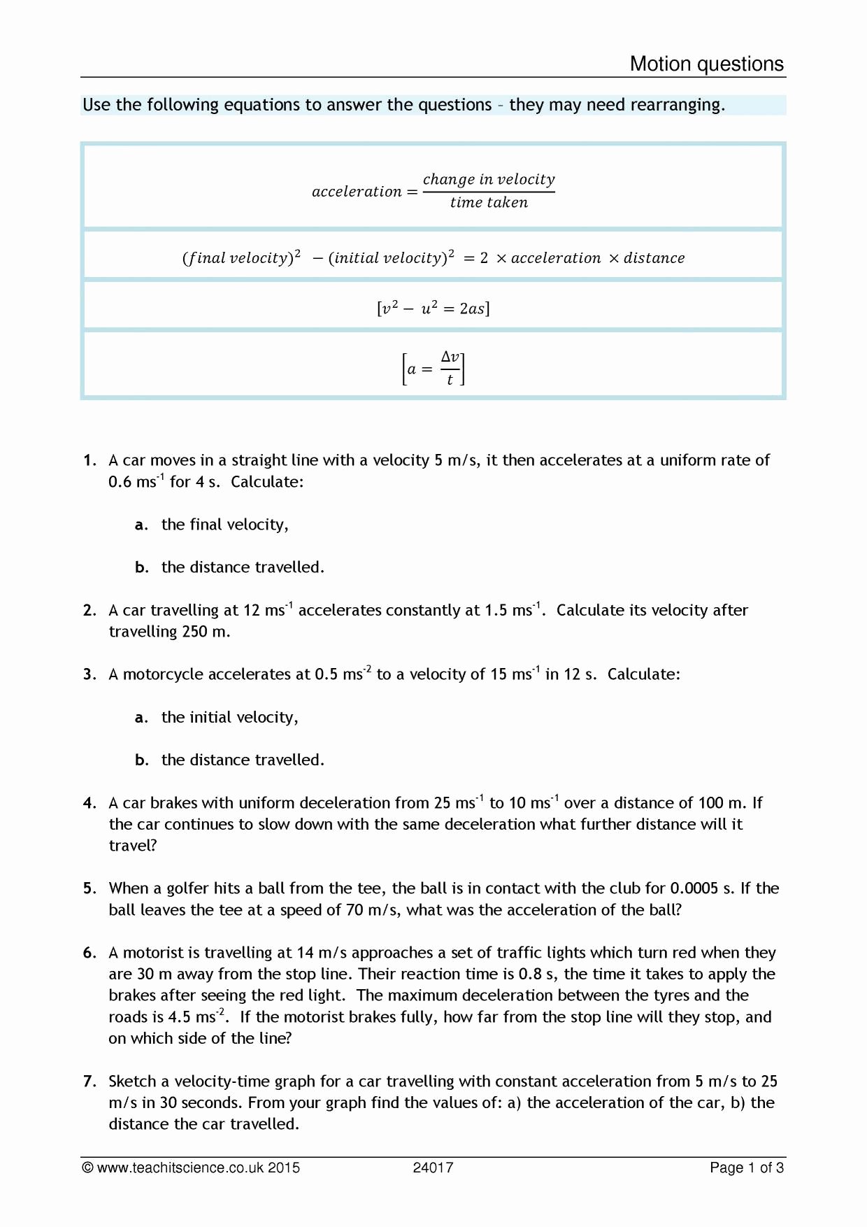 Determining Speed Velocity Worksheet New Velocity and Acceleration Calculation Worksheet Answer Key