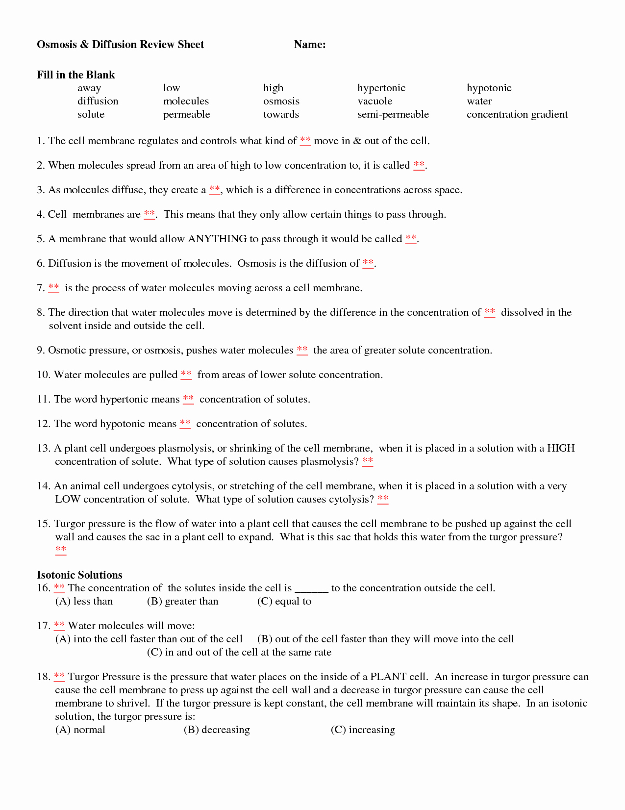Diffusion and Osmosis Worksheet Answers Unique 13 Best Of Diffusion Worksheet Key Osmosis and