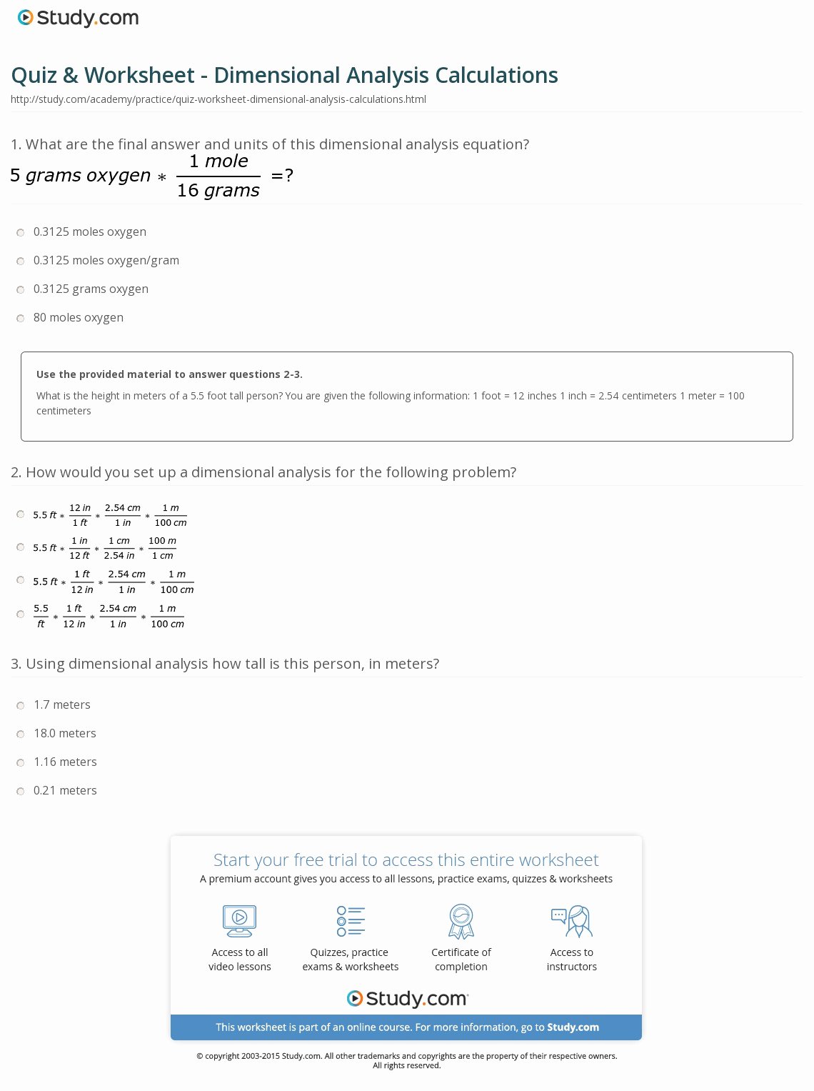 Dimensional Analysis Practice Worksheet Awesome Quiz &amp; Worksheet Dimensional Analysis Calculations