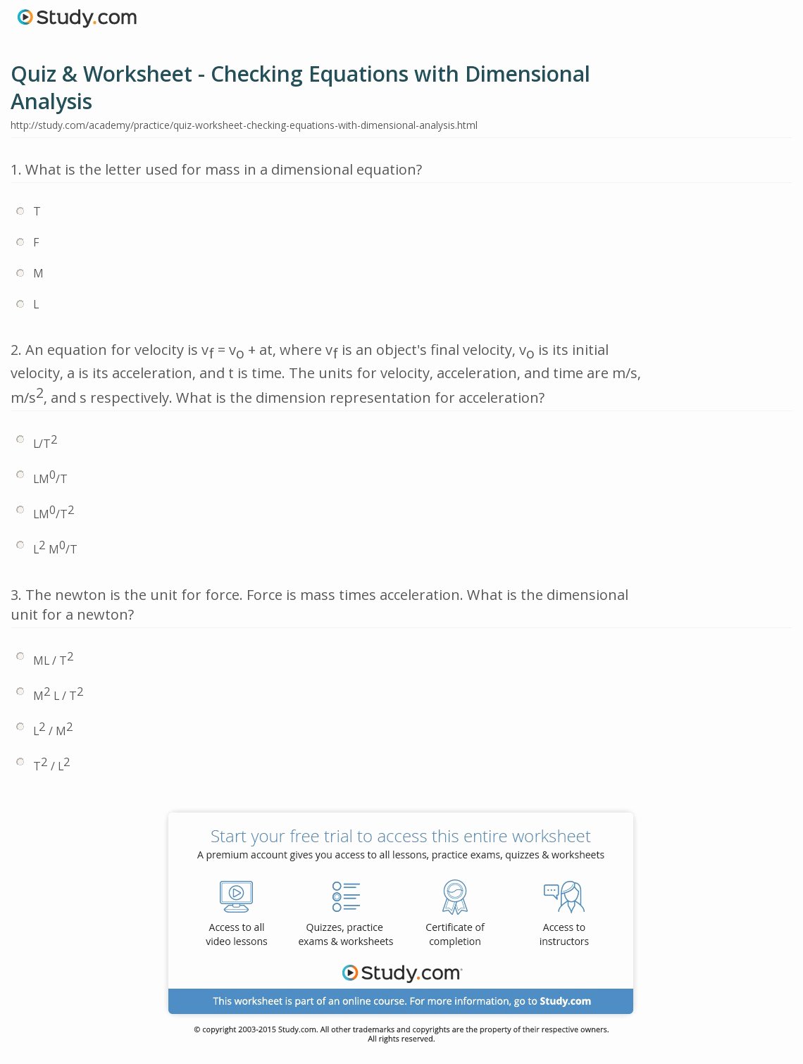 Dimensional Analysis Practice Worksheet Inspirational Quiz &amp; Worksheet Checking Equations with Dimensional