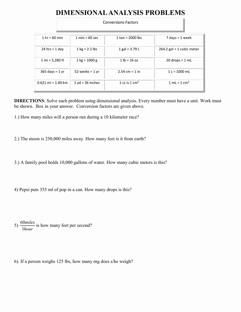 Dimensional Analysis Problems Worksheet Unique Dimensional Analysis and Equations