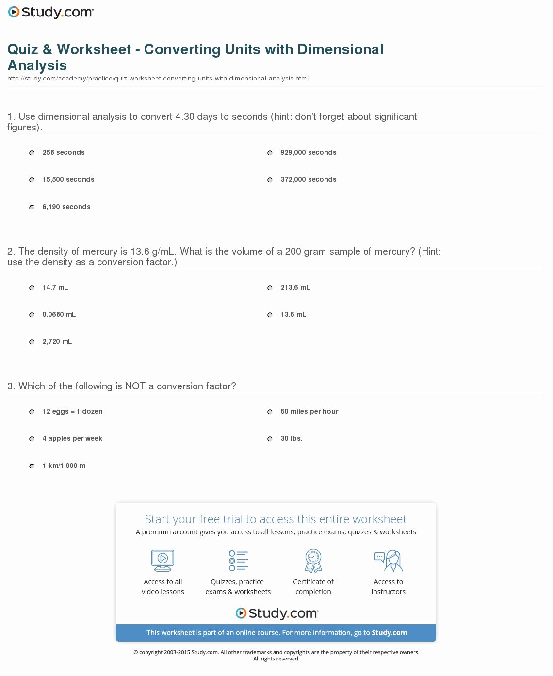 Dimensional Analysis Worksheet Answer Key Beautiful Quiz &amp; Worksheet Converting Units with Dimensional