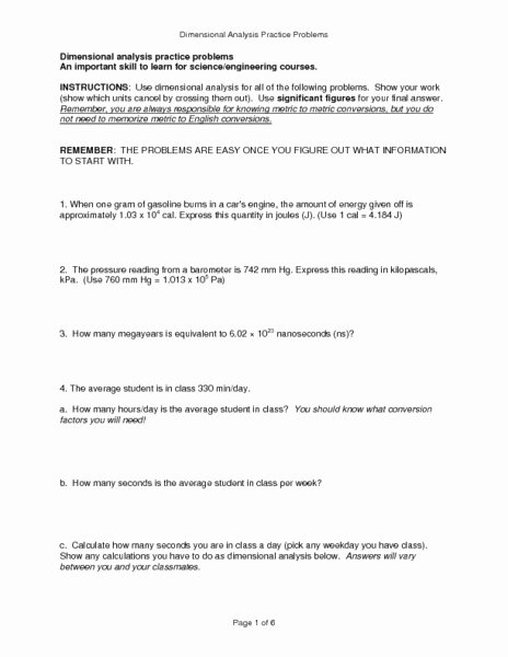 Dimensional Analysis Worksheet Answers Best Of Dimensional Analysis Practice Problems Worksheet for 12th