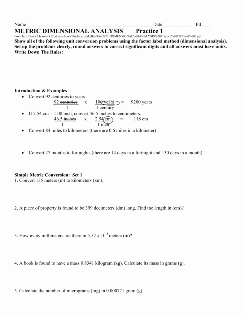Dimensional Analysis Worksheet Answers Chemistry Inspirational Metric Dimensional Analysis Practice 1