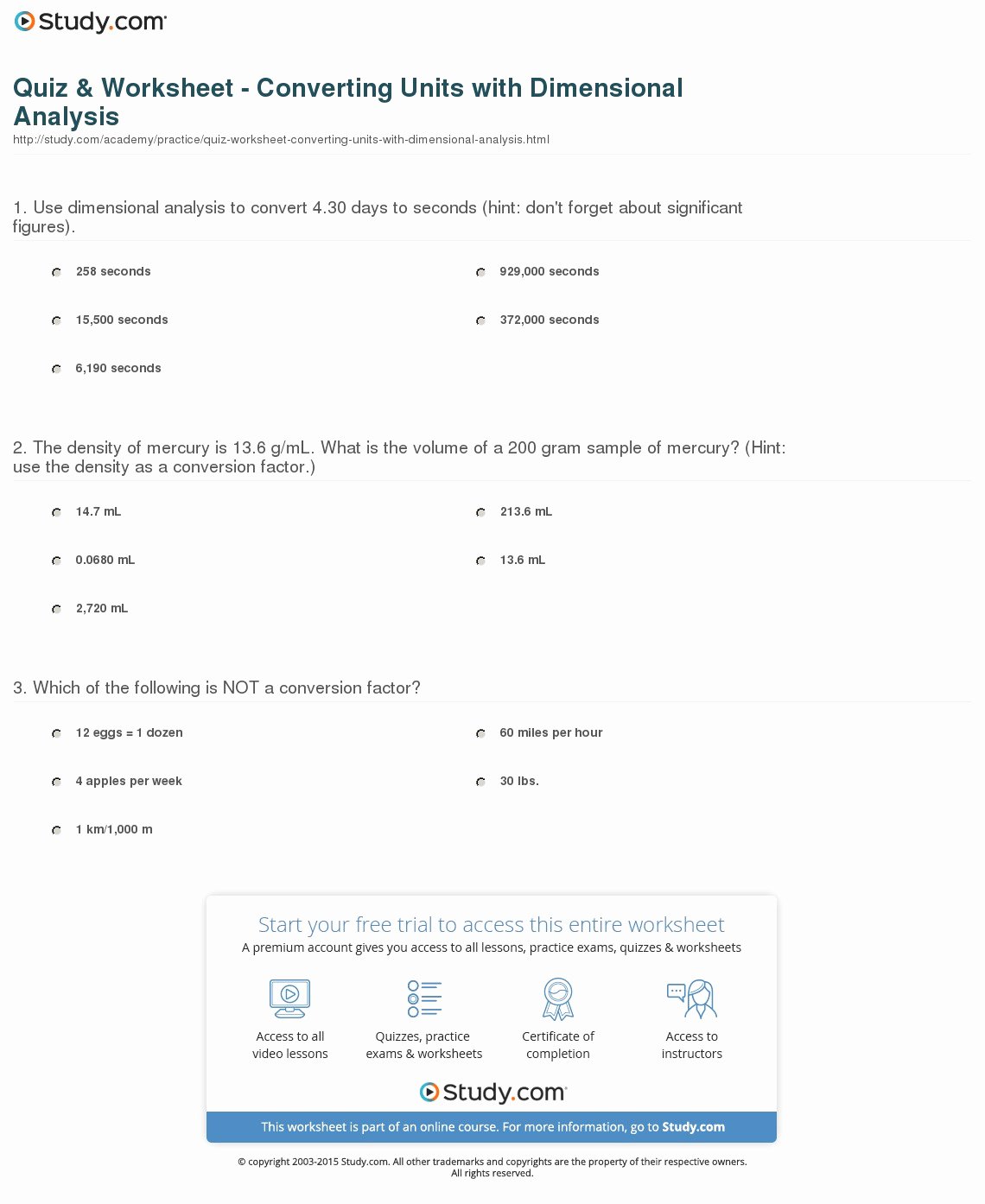 Dimensional Analysis Worksheet Answers Chemistry