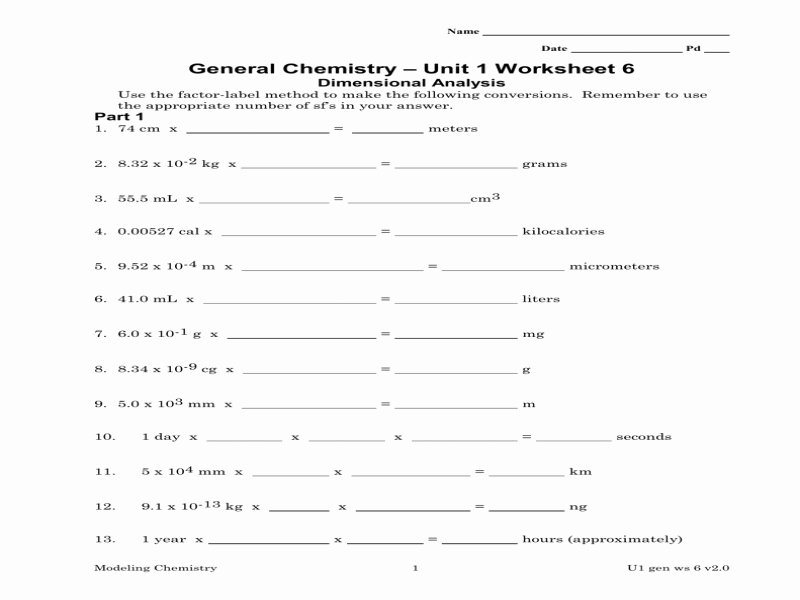 Dimensional Analysis Worksheet Chemistry Beautiful Chemistry Unit 1 Worksheet 6 Dimensional Analysis Answers