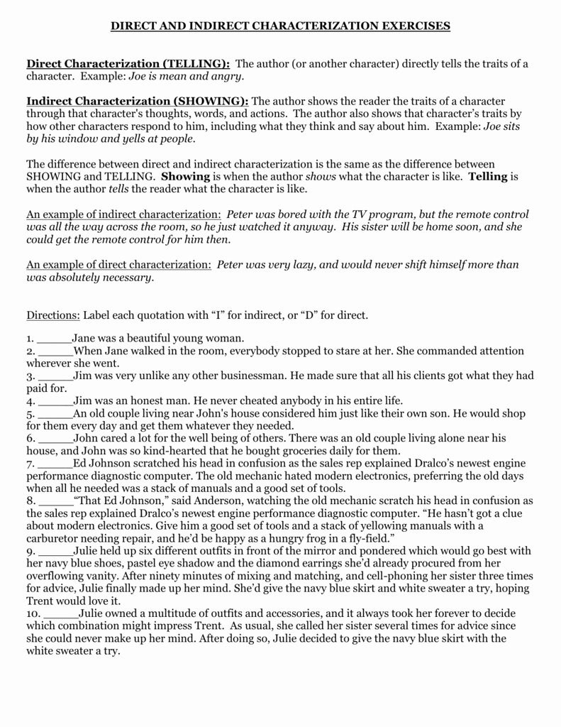 Direct and Indirect Characterization Worksheet Awesome Direct Characterization Telling the Author or Another
