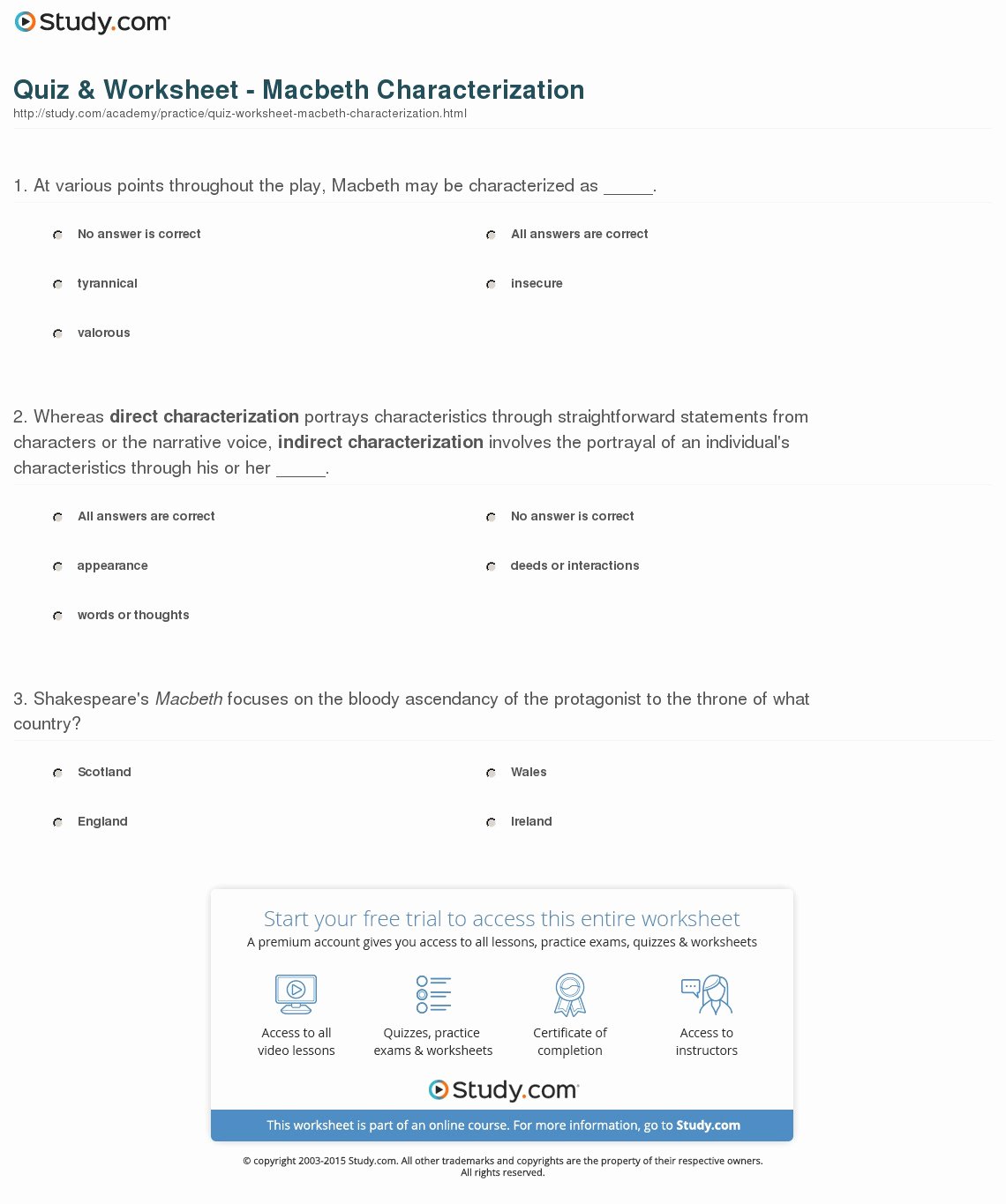 Direct and Indirect Characterization Worksheet Beautiful Quiz &amp; Worksheet Macbeth Characterization