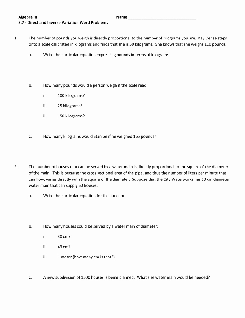 Direct and Inverse Variation Worksheet Best Of 3 7 Direct and Inverse Variation Word Problems Worksheet