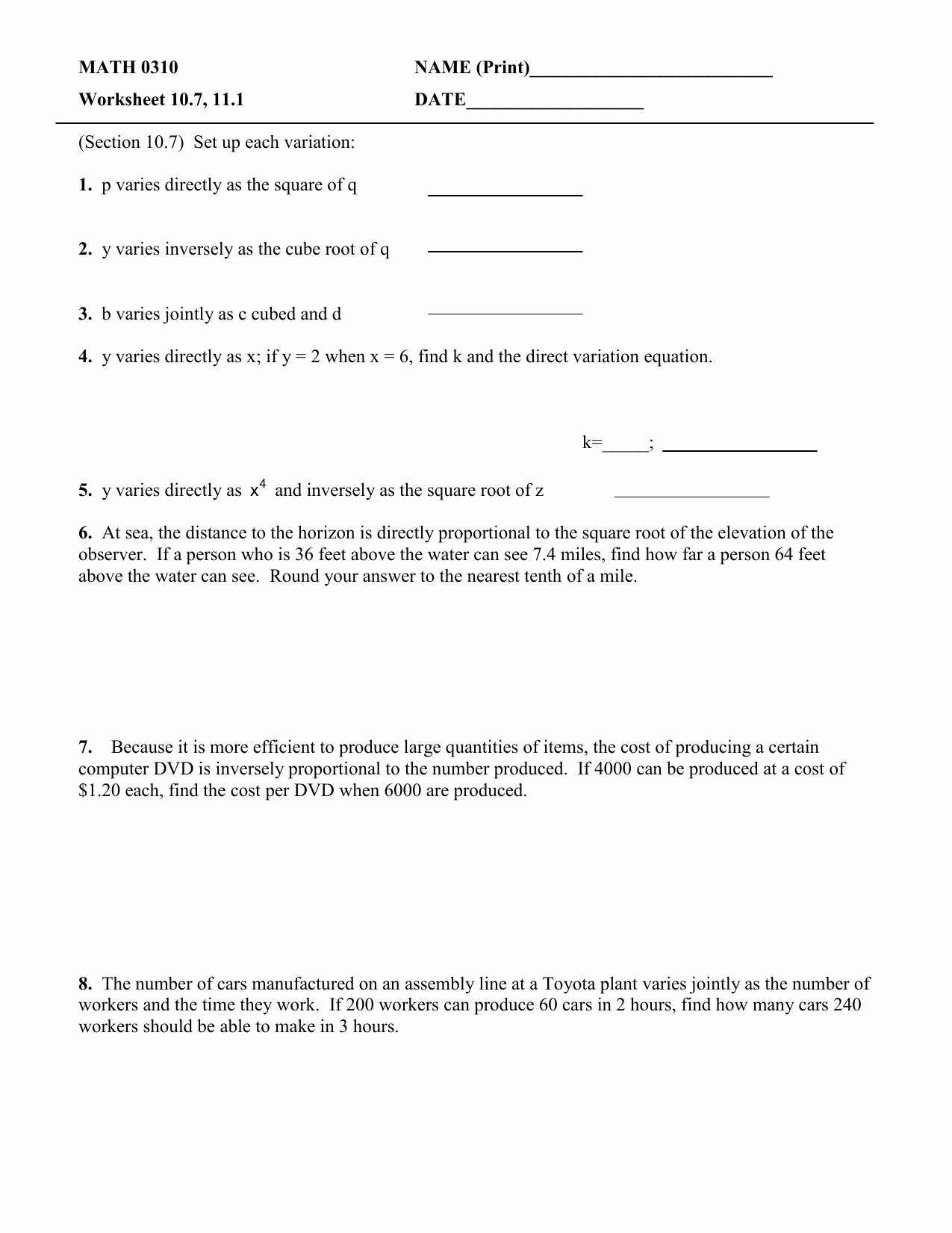 Direct and Inverse Variation Worksheet Inspirational Direct and Inverse Variation Worksheet with Answers