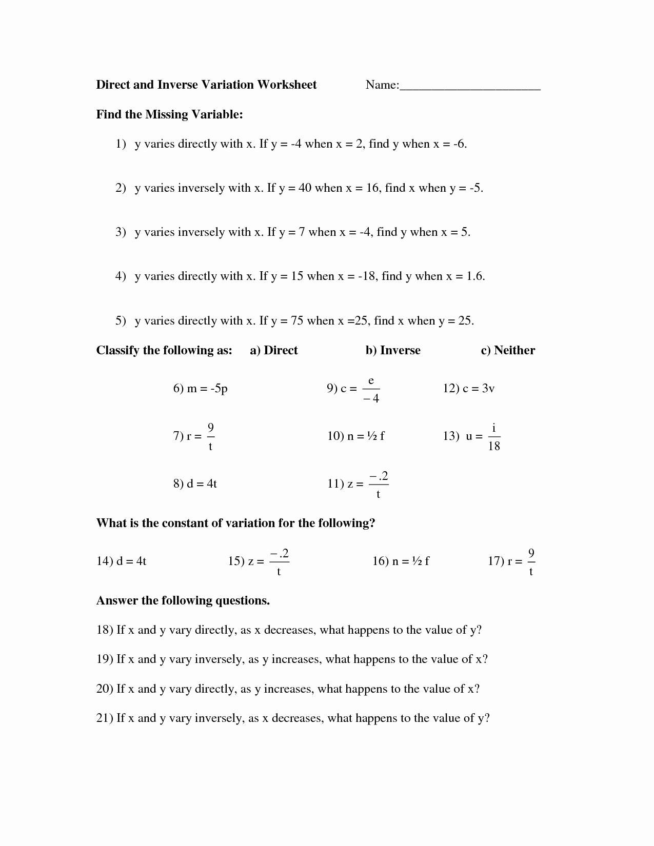 Direct Variation Worksheet Answers Beautiful 9 Best Of Worksheets Types Light Direct and