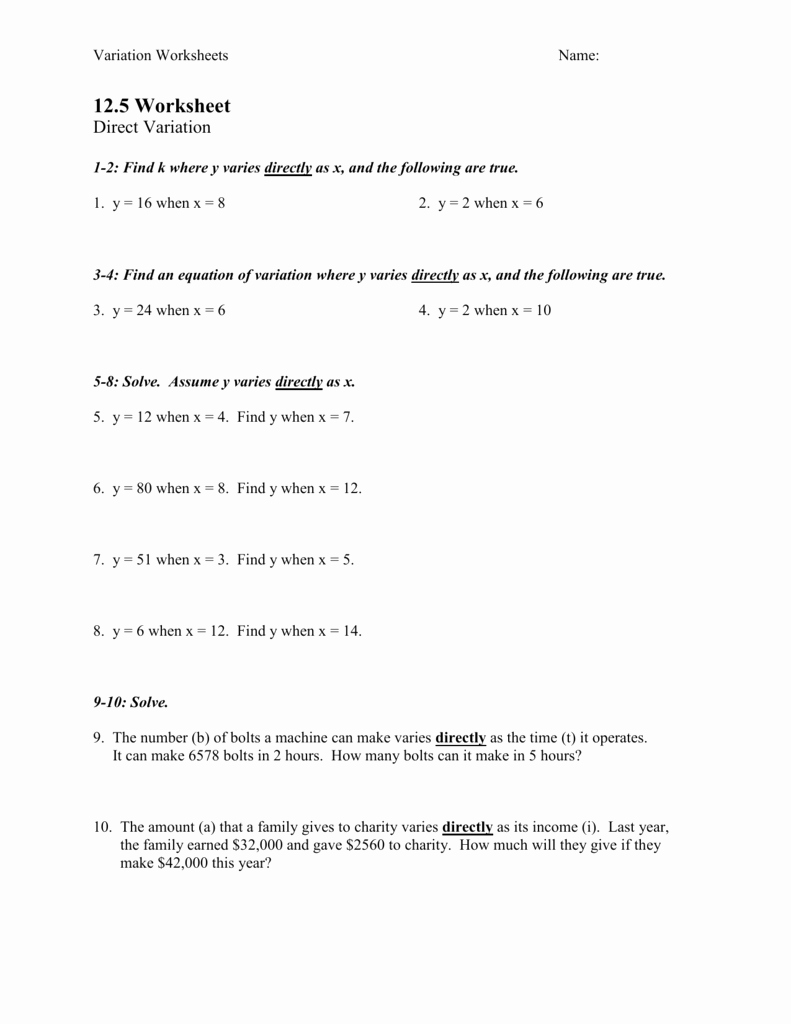 Direct Variation Worksheet Answers Best Of 12 5 Through 12 7 Variation Worksheet W Answers