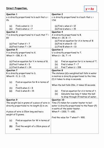 Direct Variation Worksheet Answers Best Of Direct and Inverse Proportion Gcse Revision Worksheet by