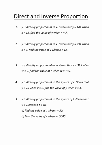 Direct Variation Worksheet with Answers Elegant Direct &amp; Inverse Proportion Revision Worksheet by