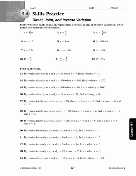 Direct Variation Worksheet with Answers Unique 9 4 Skills Practice Direct Joint and Inverse Variation