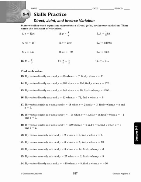 Direct Variation Worksheet Answers